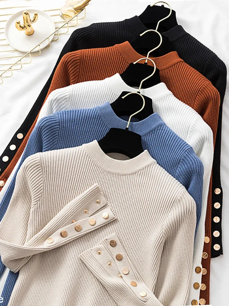 2025 Casual Women Sweater Pullovers Button Long Sleeve O-neck Chic Sweater Female Slim Knitted Soft Jumper Tops