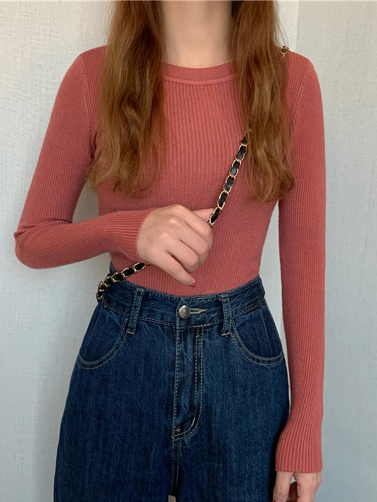 2025 New Women Sweater Long Sleeve Pullover Basic Top Fashion O-neck Elastic Female Winter Solid Knitted Jumper