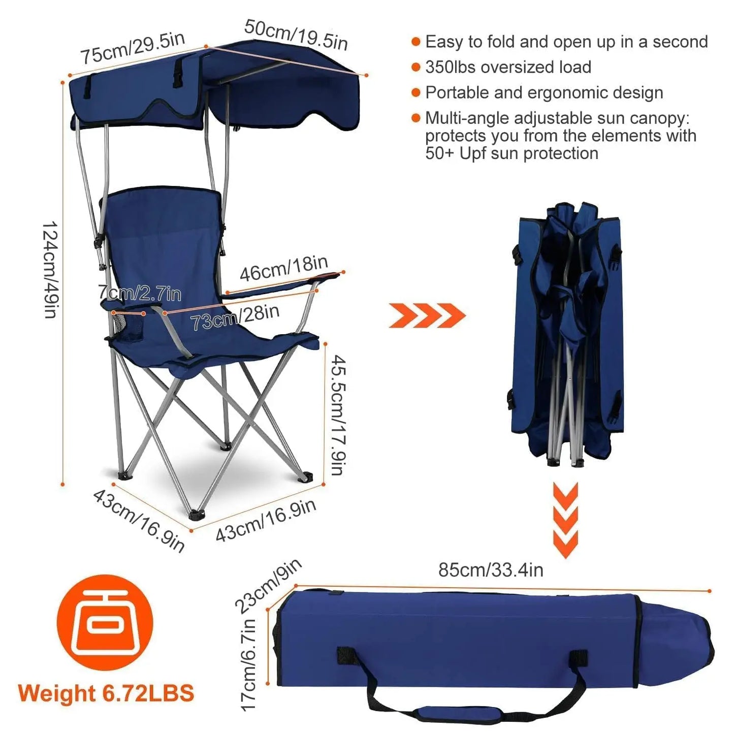 Camping Chair with Canopy, Outdoor Folding Lounge Chair with Adjustable UPF 50+ Sun Shade & Cup Holder, Portable Camping Recline