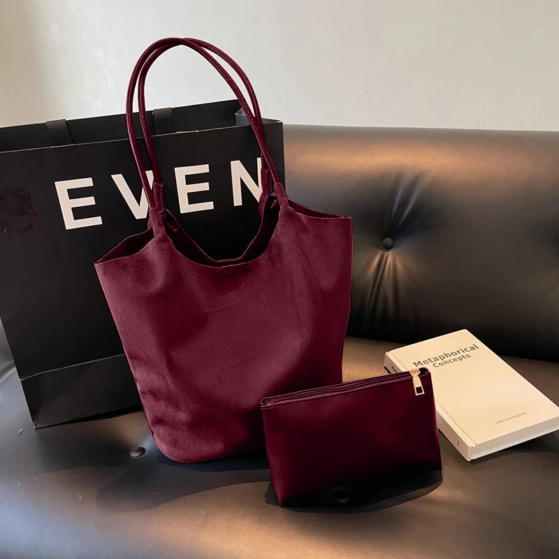 Tote Bag Faux Suede Slouchy Shoulder Bag for Women Solid Handbag Retro Handbag Woman Fashion Commuter Shopping Bag