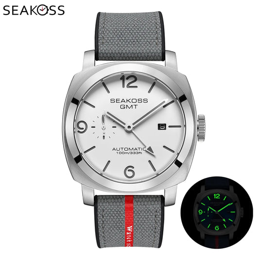 SEAKOSS Men GMT Automatic Mechanical Watches Super Luminous Calendar Original Seagull ST2557 Movement Nylon Rubber Wristwatches