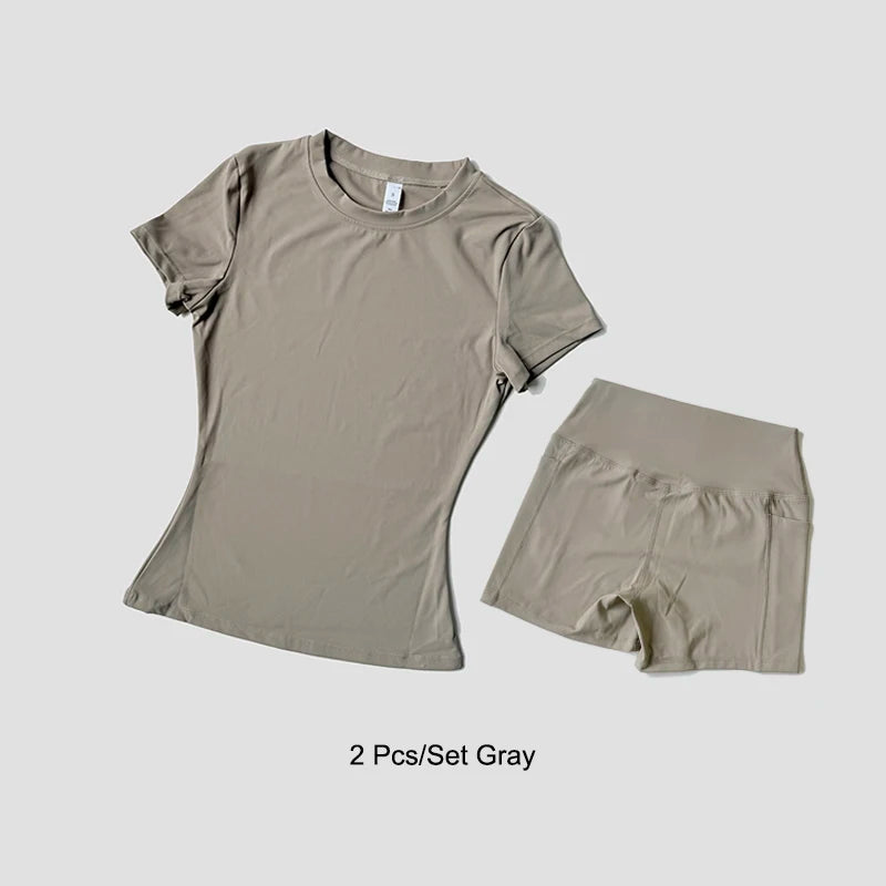 Women's Sports Yoga Set Seamless Knitted Fitness Gym Clothes Sportswear Short Sleeve Crop Top Tracksuits Gym Short Leggings