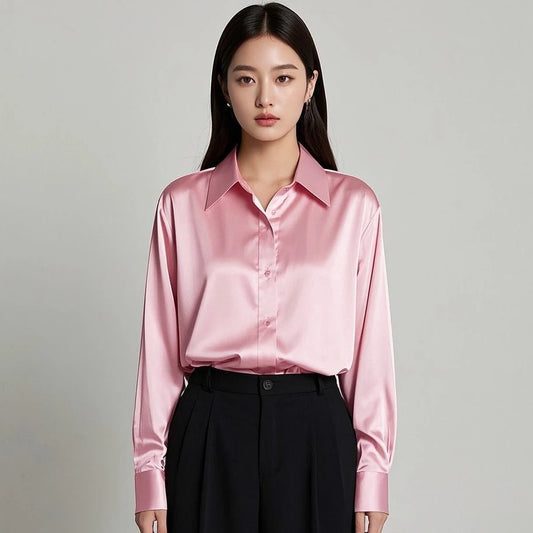 Korean Office Lady Trend Casual Shirt Elegant Blouses For Women Satin Multicolor Basic Slim Shirt Solid All-Match Top French New
