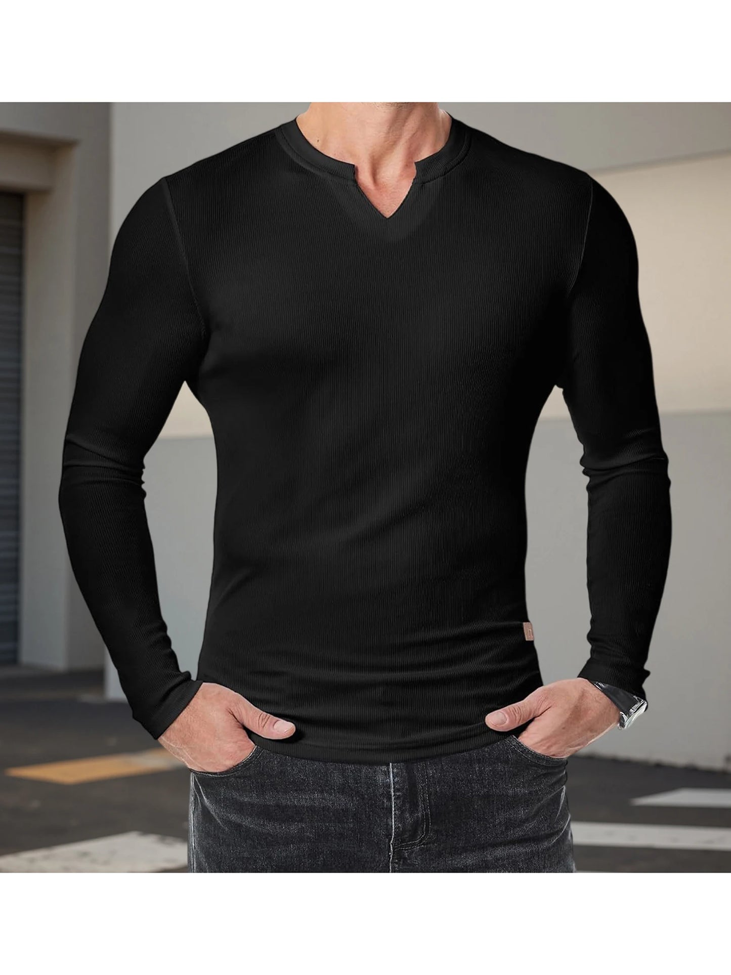 Men s Casual  Fit Long Sleeve Solid Color Muscle Shirts Spring Fall Tops Fashionable Comfortable T-Shirts