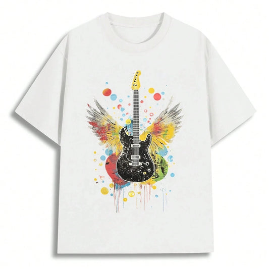 Men Clothes T-Shirt Winged Guitar Artistic Style Cotton Music Festival Summer Tops one piece men clothing shirts anime clothes