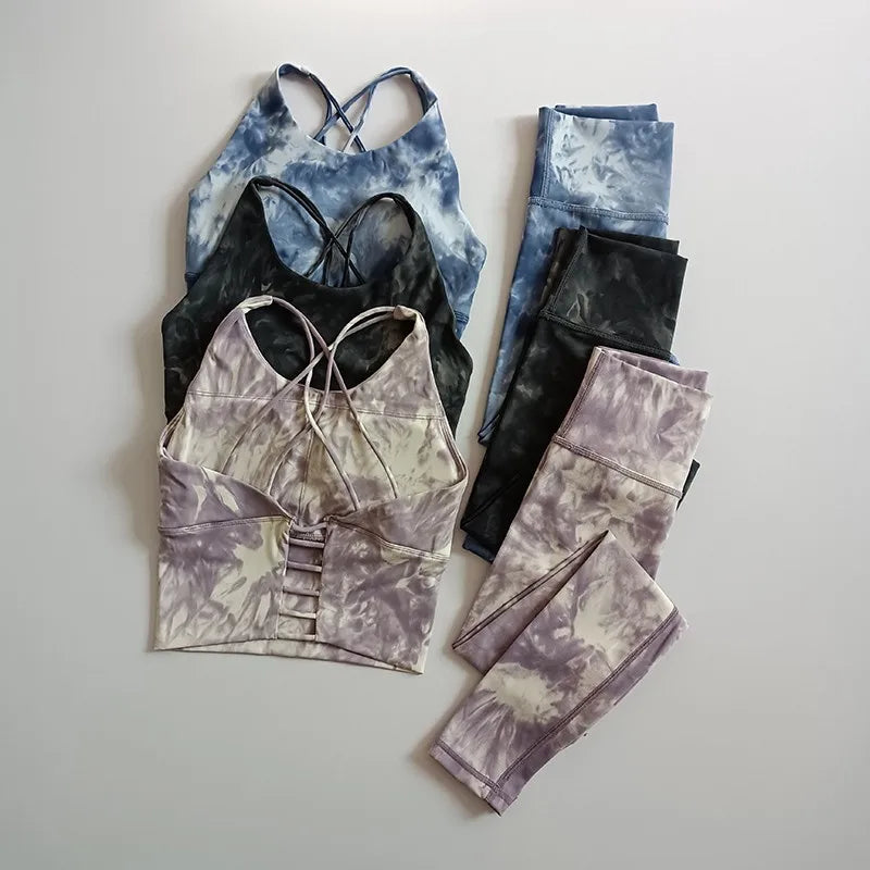 Women's High-Waist Hip-Lifting Seamless Yoga Sets Tie-Dye Sports Fitness Workout Gym Leggings with Beauty Back Bra Suits