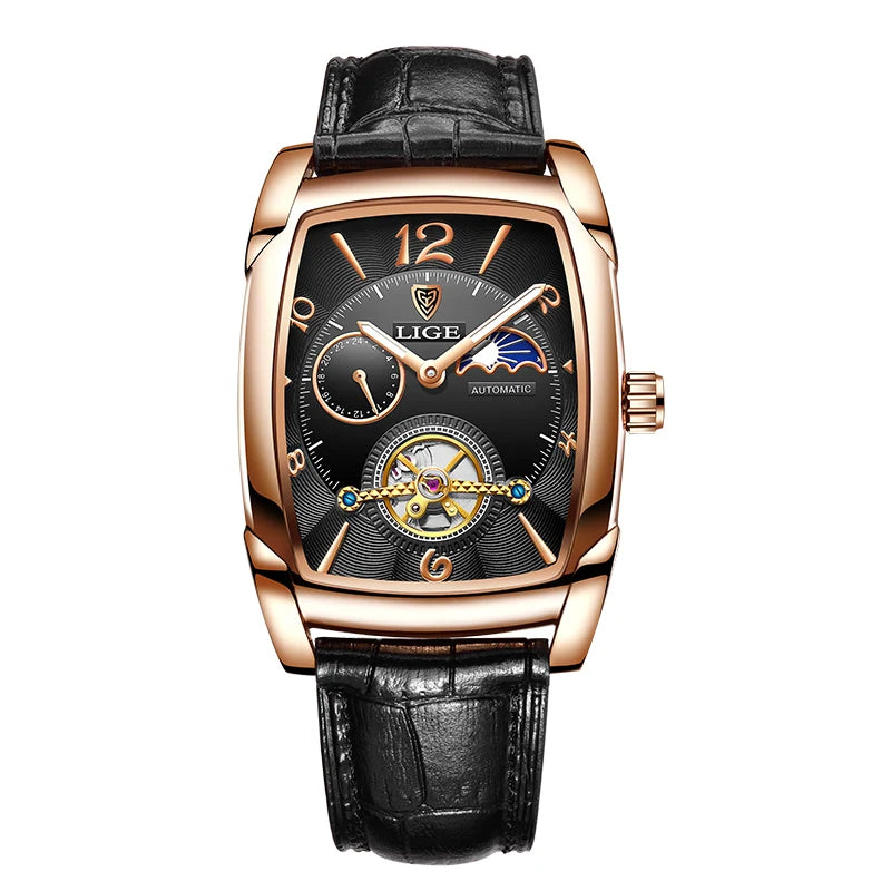 LIGE Fashion Men's Mechanical Wristwatches Top Brand Luxury Leather Square Watch Men Business Sports Tourbillon Watch For Men