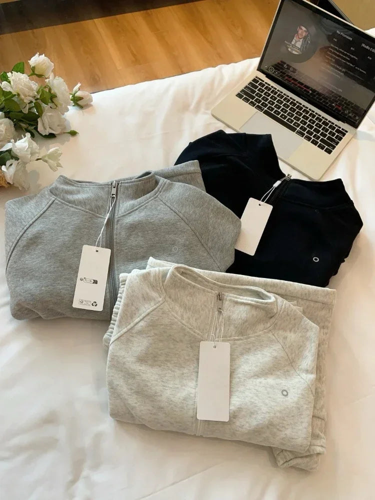 Woman Autumn Stand Up Collar Casual Zipper Jacket Suit Fashion Loose Straight TrousersSweatshirts Sweatpants 2 Pieces Set for