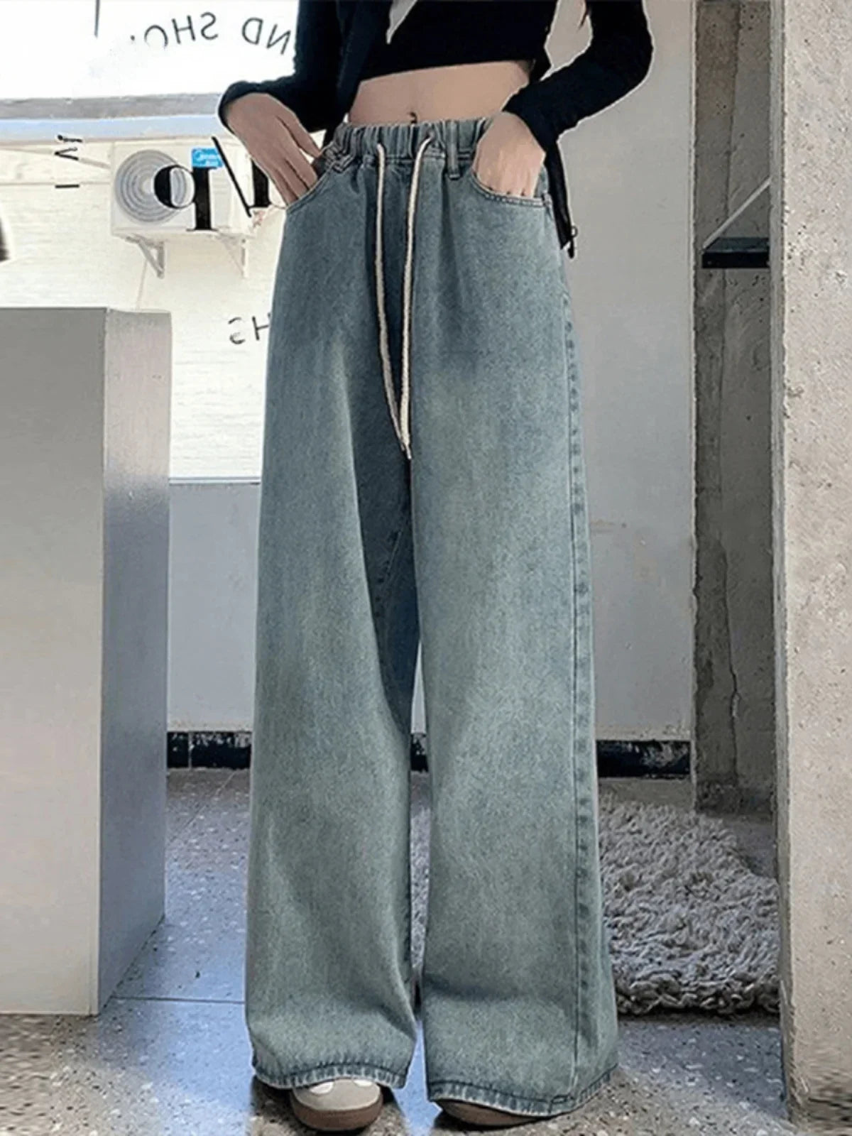Botvotee Elastic Waist High Waist Wide Leg Jeans for Women Loose Straight Blue Long Denim Pants Female Fashion Streetwear Jeans