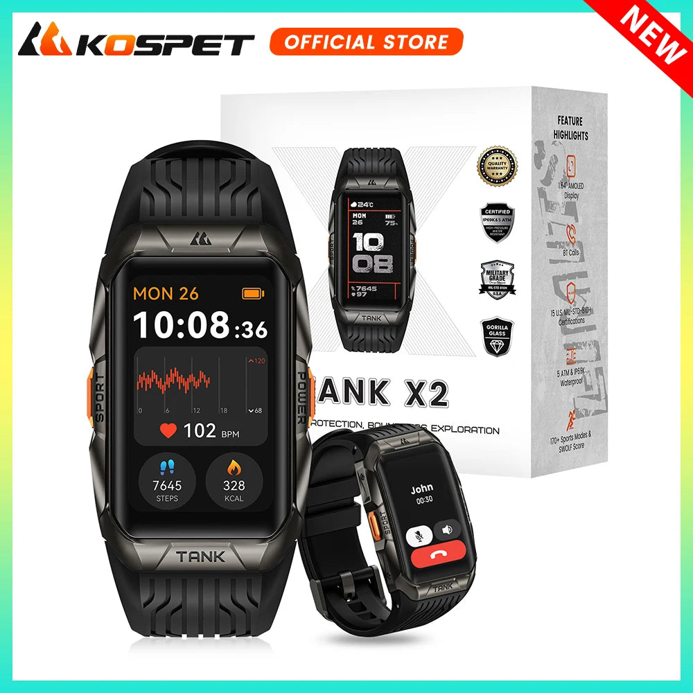 KOSPET TANK X2 Smart Watch For Men IP69K 5ATM Waterproof 3D Curved Screen 1.64'' AMOLED Bluetooth Call 170 Sport Mode Smartwatch