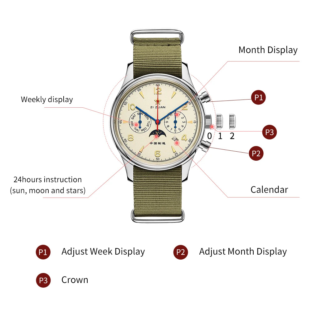 Seakoss 40mm MultiFunction Men's Automatic Watches Calendar Week Month Sapphire Glass Nylon Strap 1963 Pilot Mechanical Watch