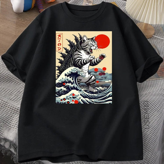 Men Clothing Unisex Catzilla Cat Japanese Funny T-shirt for Vintage Cartoon Print Casual Comfortable Round Neck Short Sleeved