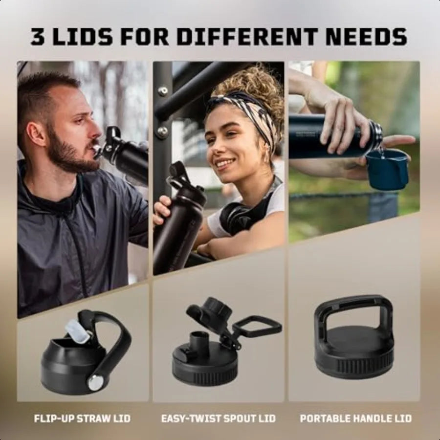 32 oz Insulated Water Bottle with Straw 3 Lids Leakproof Wide Mouth Protective Sleeve Tactical Stainl Steel For Travel Gym Camp