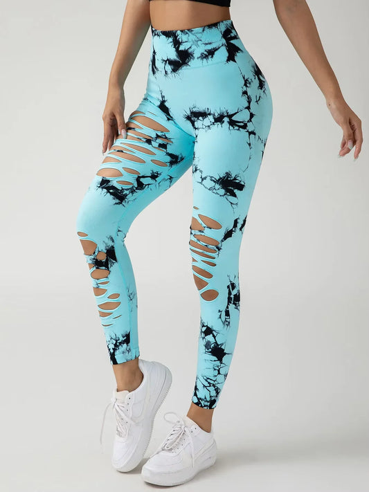 Women's Fashion Seamless Tie Dye SkinnyYoga Pants New Casual Hollow out High Waist Scrunch butt Hip Sports Fitness Leggings