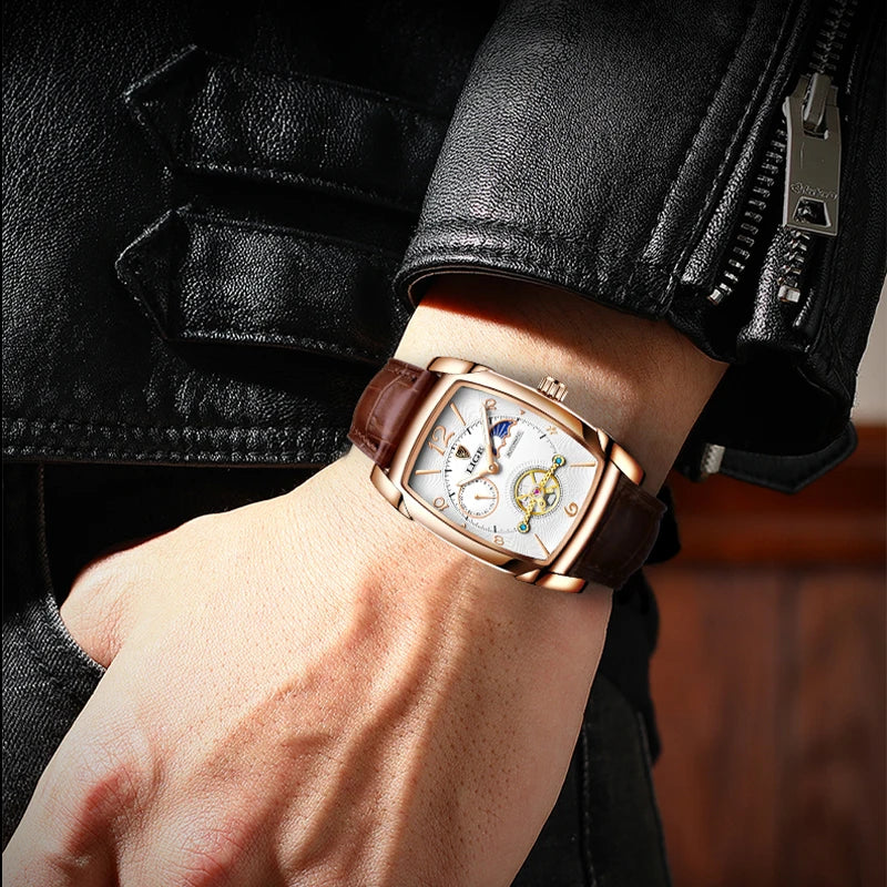 LIGE Fashion Men's Mechanical Wristwatches Top Brand Luxury Leather Square Watch Men Business Sports Tourbillon Watch For Men