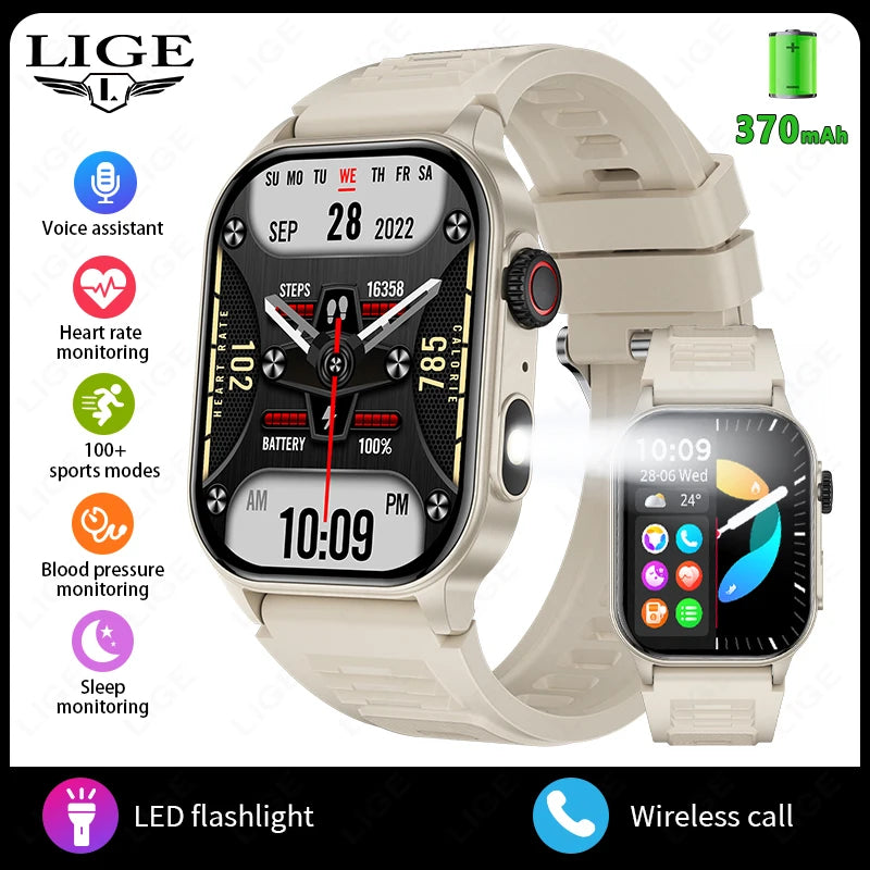 LIGE New Smart Watch LED Flashlight Military Sport Watches 2.01'' Screen Health Monitor Bluetooth Call Waterproof Smartwatch Men