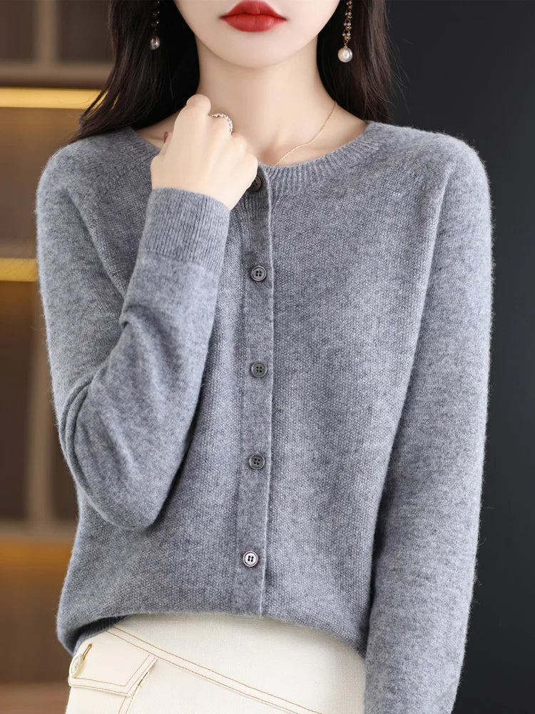 New Fashion 100% Merino Wool Women's O-neck Cardigan Cashmere Sweater 2025 Female Clothing Grace Knitwear Korean Tops