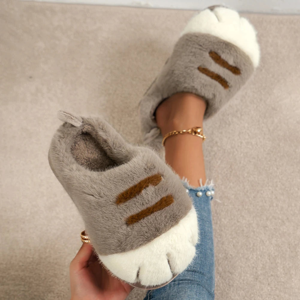 3D Cat Paw Plush Slippers Flat Thermal Slippers Comfortable Fluffy Home Slippers Furry Paw Couple Slippers for Autumn Winter