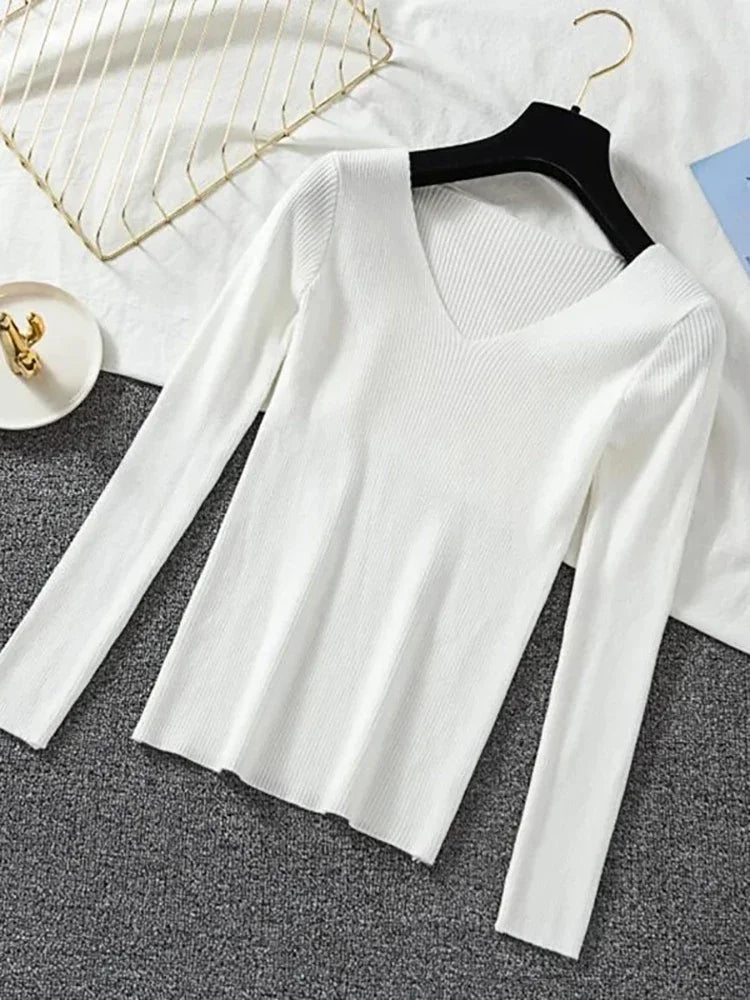 2025 Fashion V-neck Elastic Basic Top New Women Sweater Long Sleeve Pullover Female Winter Solid Knitted Jumper