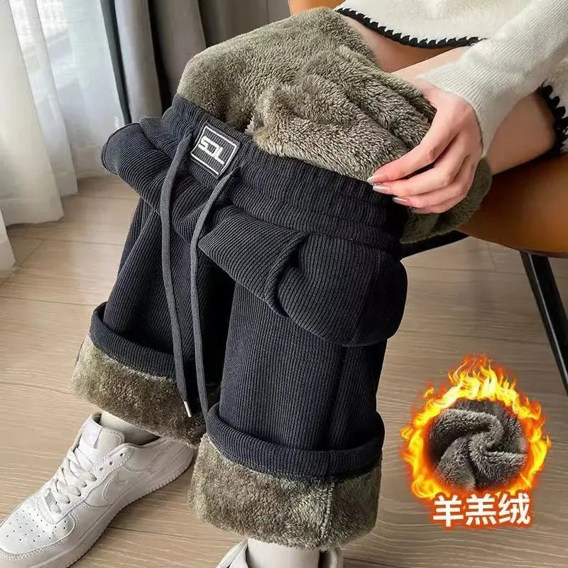 Thickened Fleece Wide Leg Pants Women's Autumn Winter New Style Northeast INS Casual Loose High Rise Straight Leg Trousers