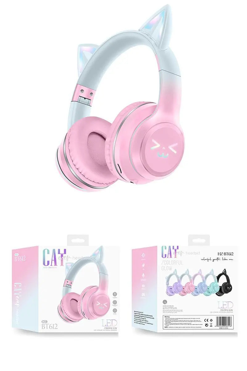 Wireless Headphones RGB Cute Cat Girls Kids Gift Headset with Microphone Stereo Music Gaming Earbud Control Lights Earphone