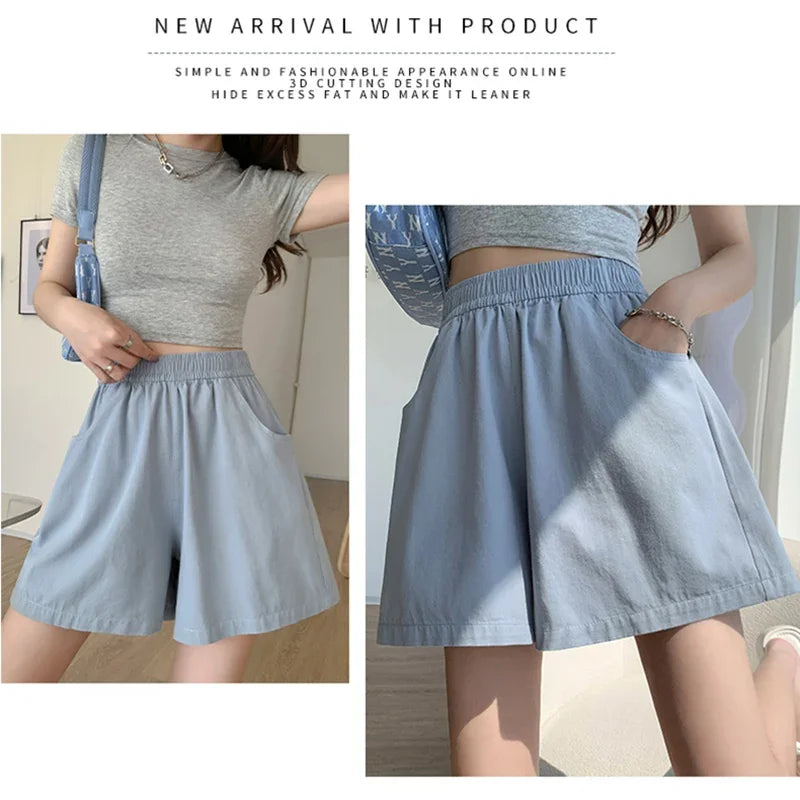 Women Summer Soft Casual Shorts Pants Lady Baggy Wide Leg Elastic Pink Cotton Cargo Pants Female High Waist Beach Baggy Pants