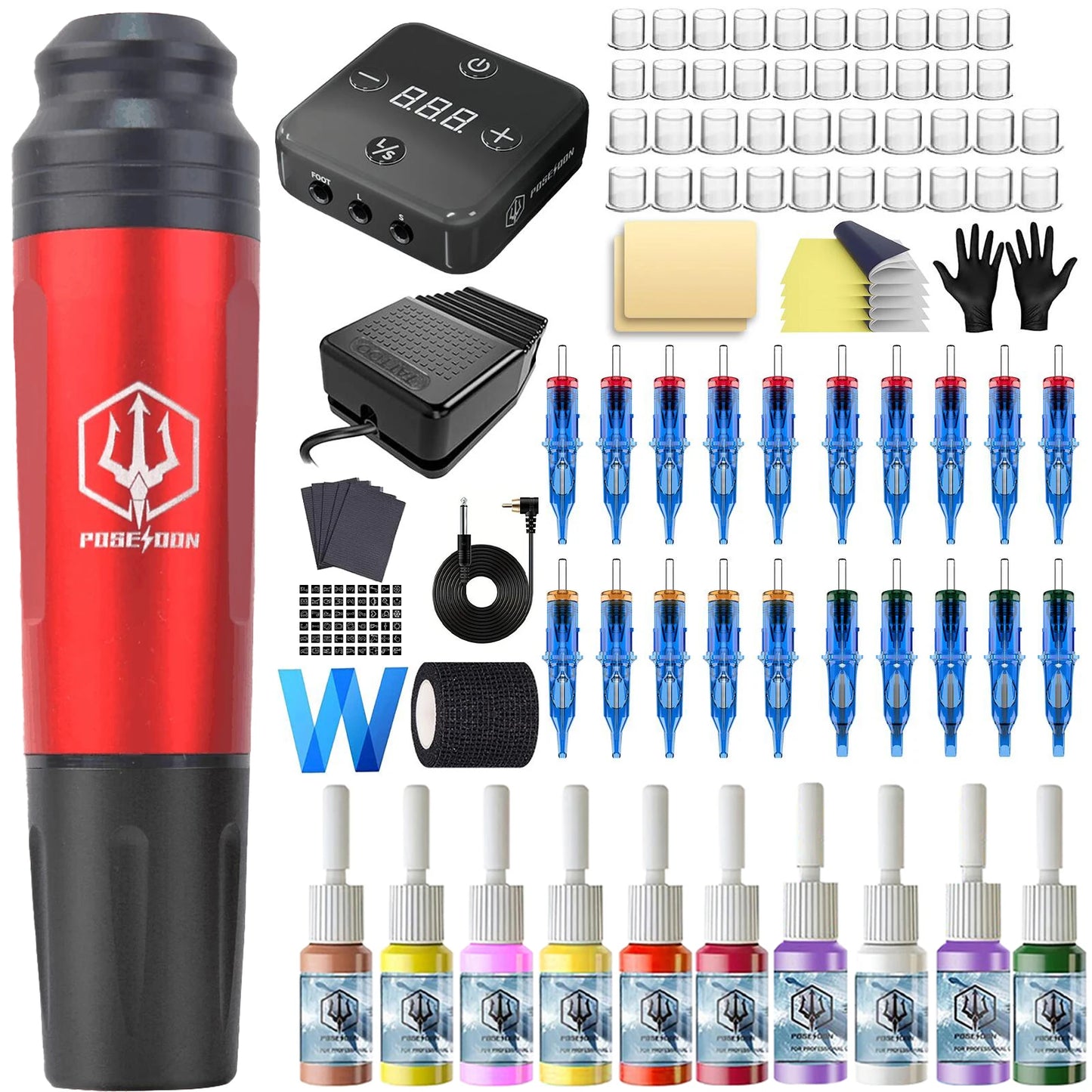 Tattoo Kit POSEIDON High Power Tattoo Pen Kit For Permanent Makeup Tattoo Machine Kit Hot Red Tattoo Power Supply Tattoo Gun Kit