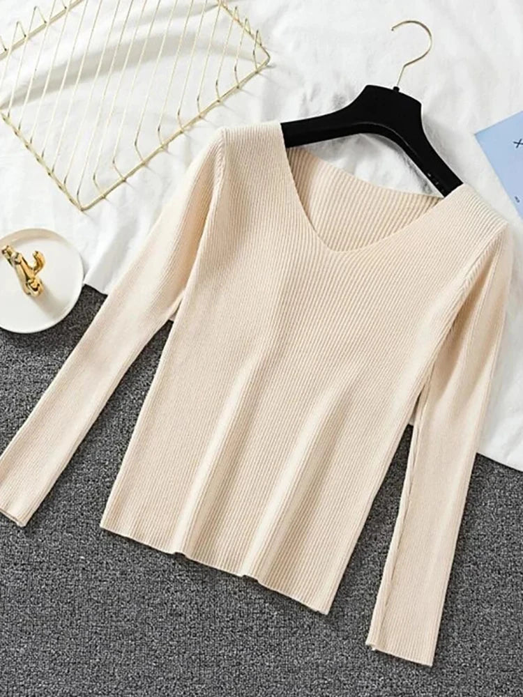 2025 Fashion V-neck Elastic Basic Top New Women Sweater Long Sleeve Pullover Female Winter Solid Knitted Jumper