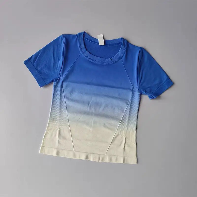 Women's Seamless Yoga Shirt Short Sleeve Crop Top Fitness Gradient Sport T-shirts Workout Gym Clothes for Running