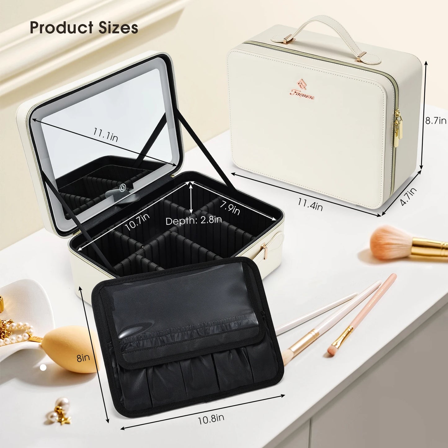 Leather Makeup Case with LED Lighted Mirror Travel Makeup Bag Cosmetic Organizer Artist Storage Bag with Dividers Brush Holder