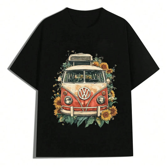 Men Vintage Van And Sunflower Graphic Men Clothes T-Shirt Percent Cotton Tops For  Thanksgiving Day Summer Tops Cute Tops