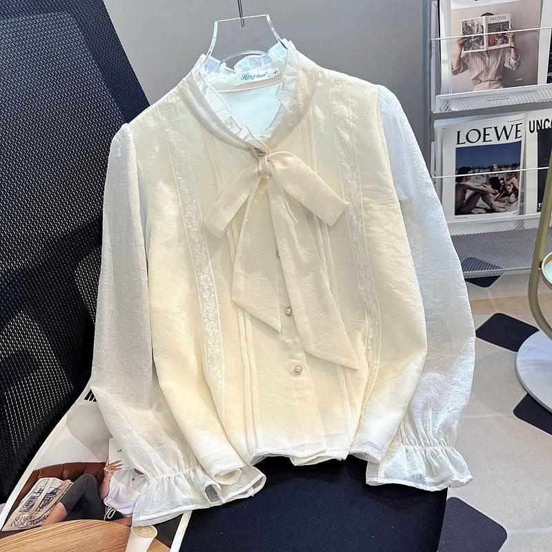 Women Shirt Blouse New Long Sleeve Ruffled Collar Lace-up Chiffon Shirt Blouse Women Tops Blouses Shirts Blusas Para Mujer Q553