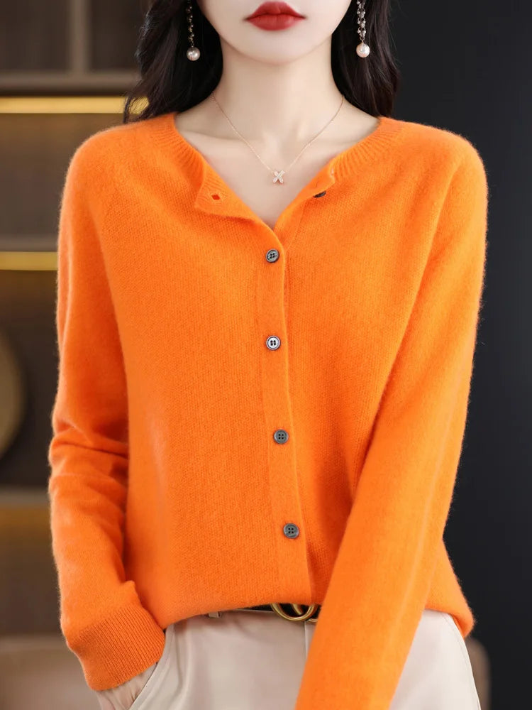 New Fashion 100% Merino Wool Women's O-neck Cardigan Cashmere Sweater 2025 Female Clothing Grace Knitwear Korean Tops