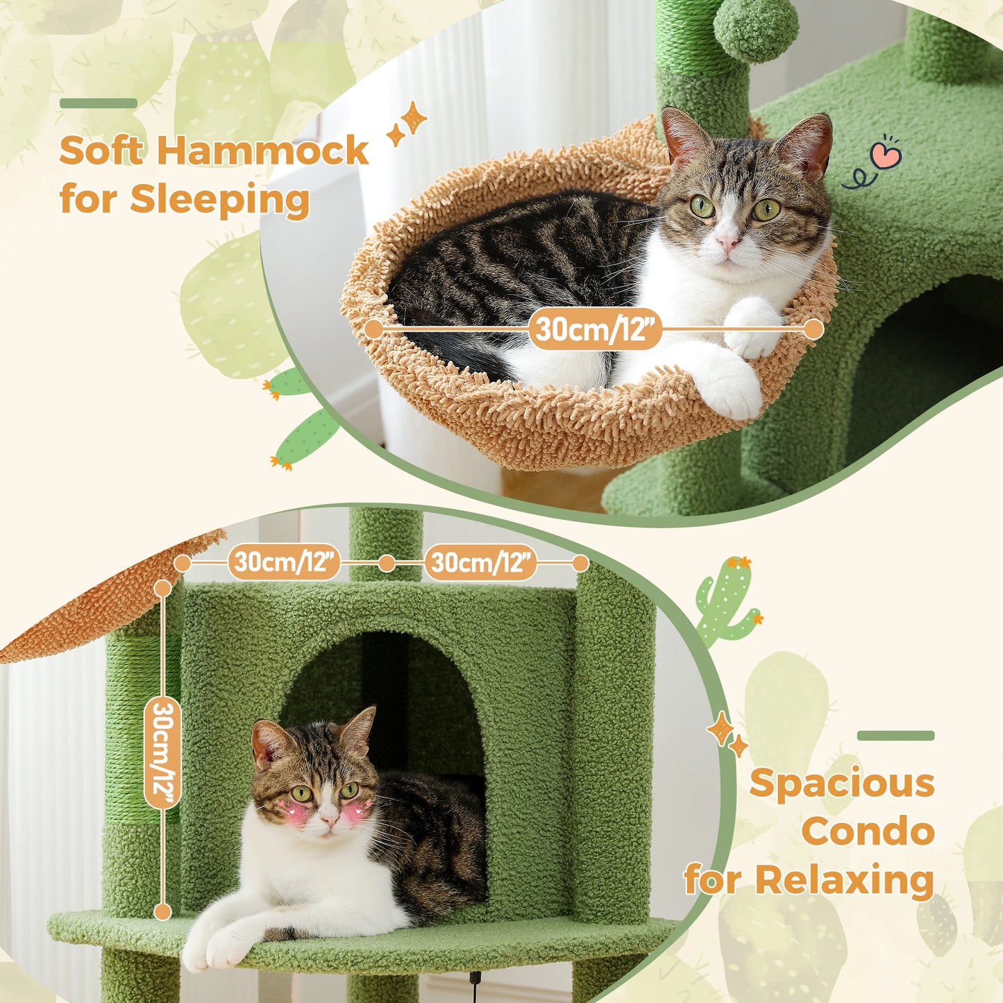 Cactus Cat Tree for Indoor, Cat Tower with Large Cat Condo, Sisal Scratching Posts& Pad, Cozy Hammock, Top Perch, Cat Furniture