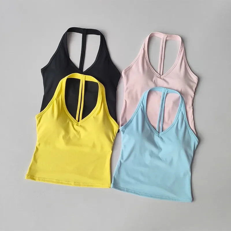 Women's Breathable Seamless Sports Bra Anti-Sweat Hanging Neck Push Up Bra Sport Vest Yoga Fitness Crop Top for Gym Workout Top