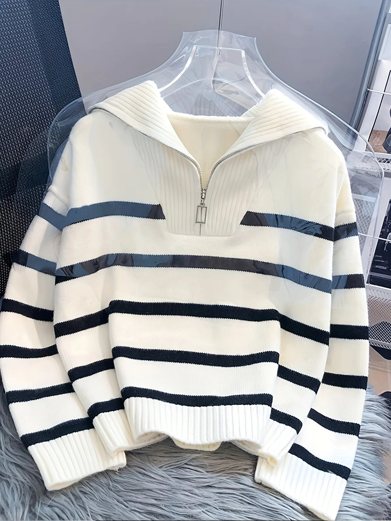 New Fashion Woman Sweater Thickened Zipper Striped Undershirt Short Pullover Top Women's Clothing