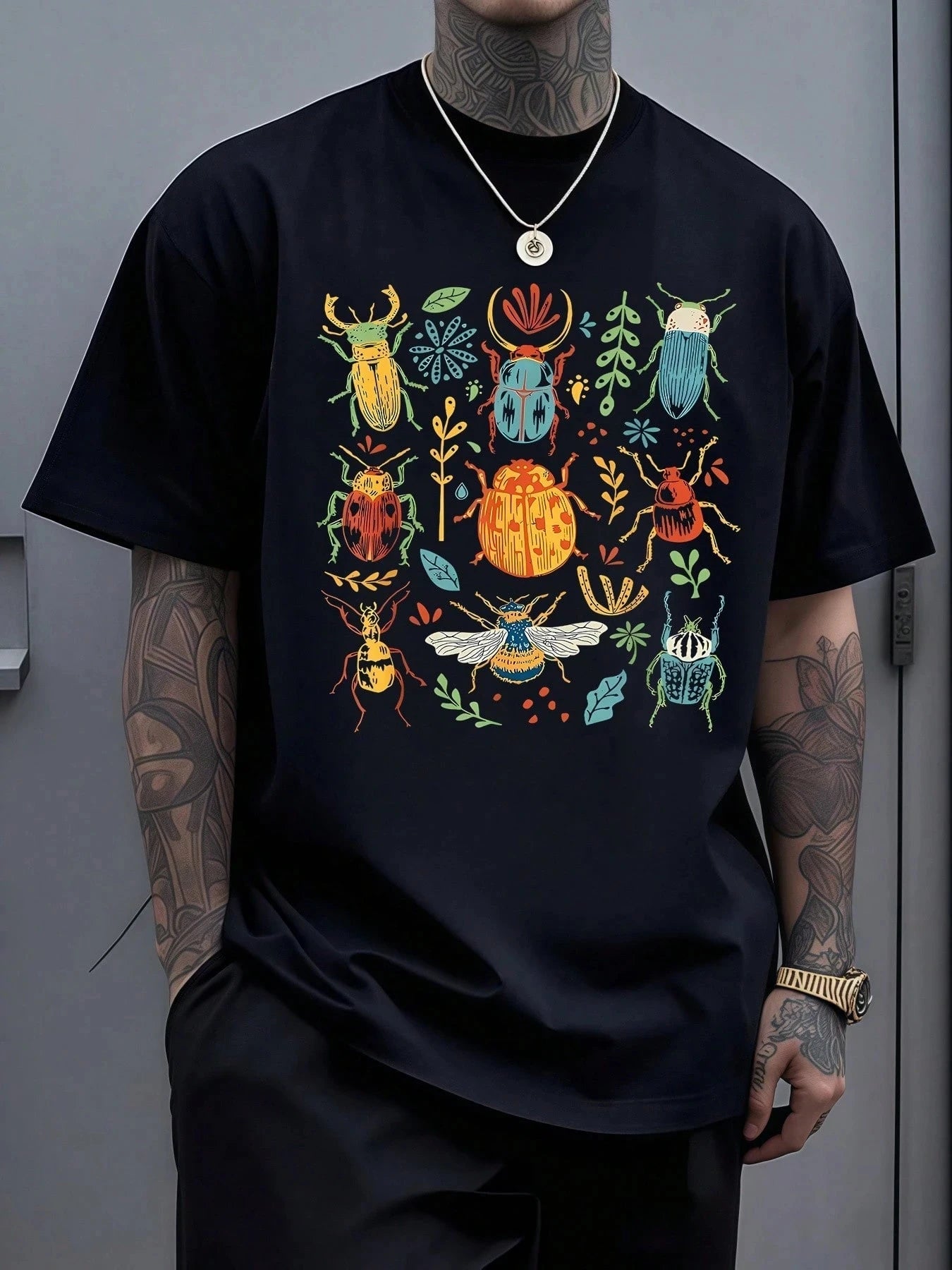 Mens Colorful Beetle And Floral Art Symbolizing Harmony Between Nature's Diversity And Vibrant Life  Casual Men Tshirt shirt