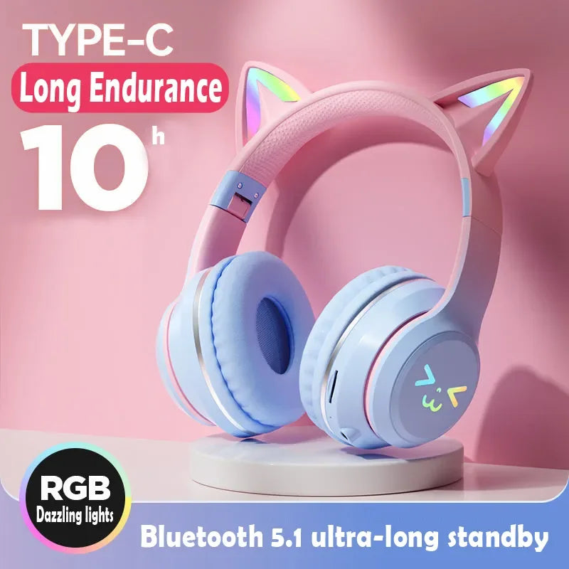 Wireless Headphones RGB Cute Cat Girls Kids Gift Headset with Microphone Stereo Music Gaming Earbud Control Lights Earphone