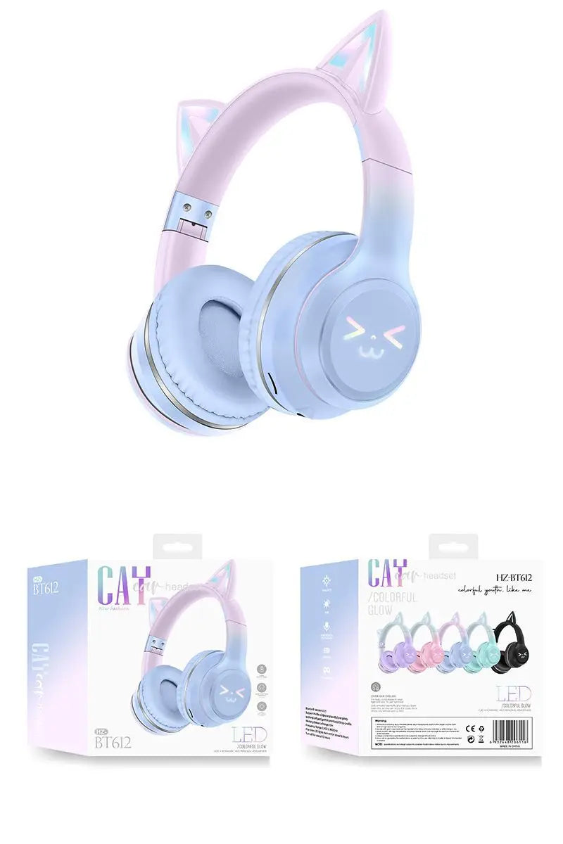 Wireless Headphones RGB Cute Cat Girls Kids Gift Headset with Microphone Stereo Music Gaming Earbud Control Lights Earphone