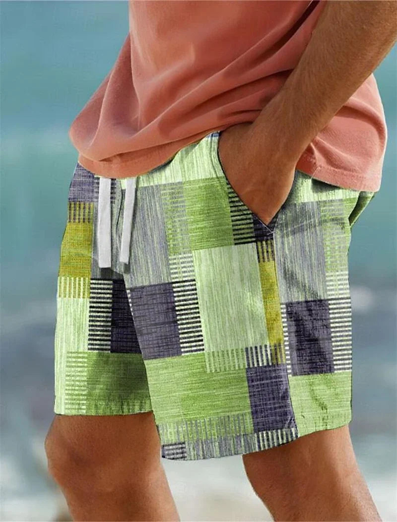 Men's Classic 3D Print Plaid Color Block Running Shorts Geometry Graphic Hawaiian Board Shorts Swim Trunks Holiday Beach Pants