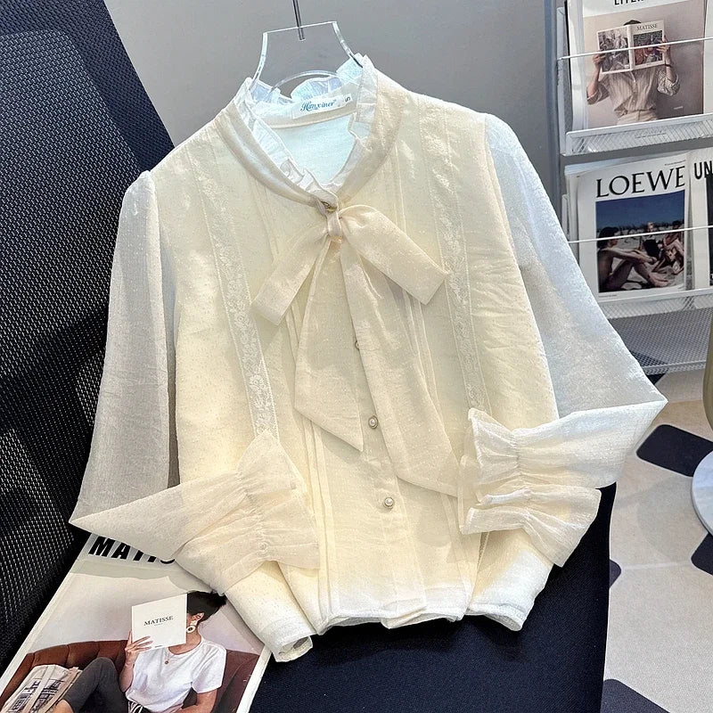 Women Shirt Blouse New Long Sleeve Ruffled Collar Lace-up Chiffon Shirt Blouse Women Tops Blouses Shirts Blusas Para Mujer Q553