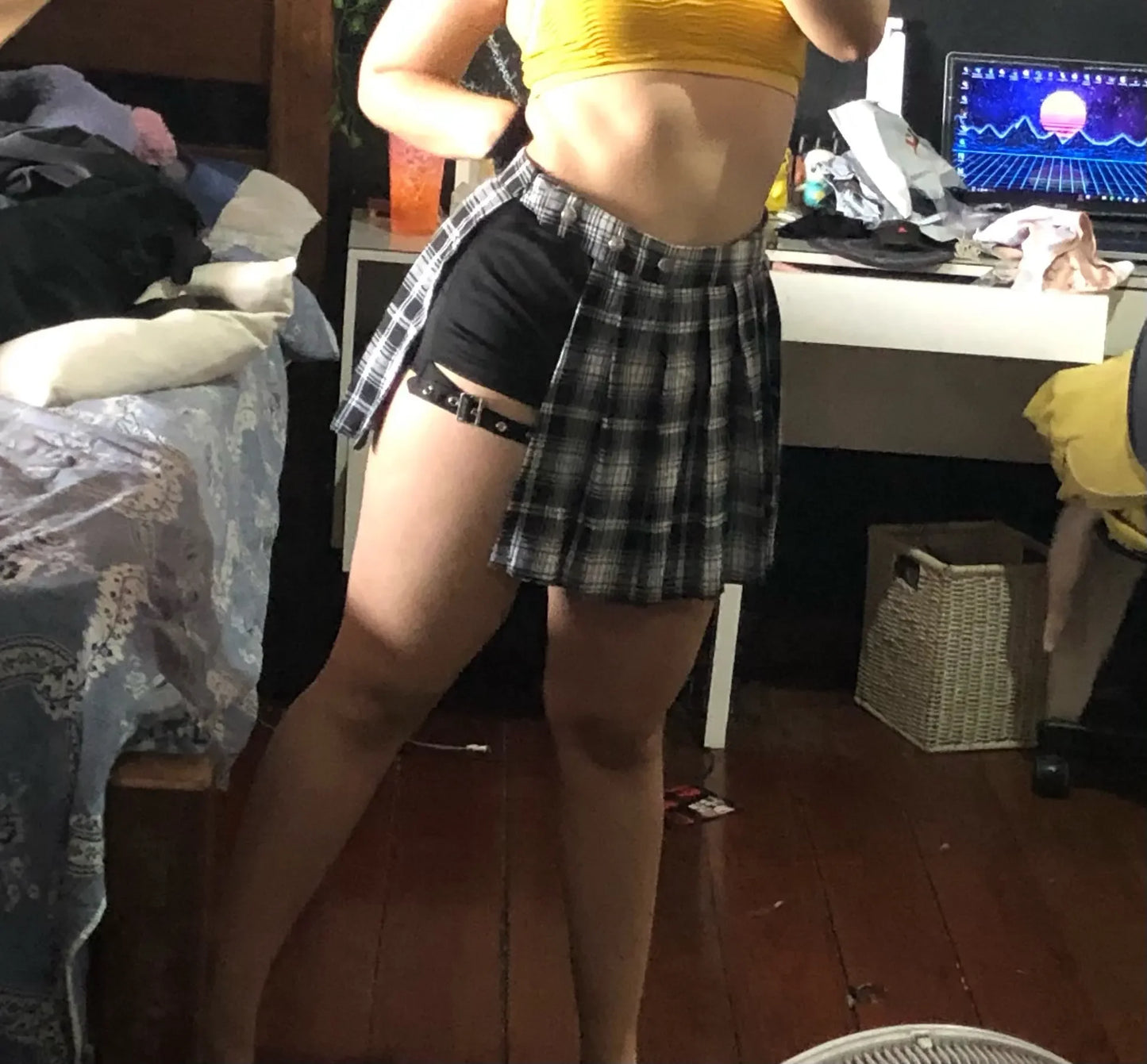 Gothic Skirt Dark Style Pleated Punk Irregular Fake Two-piece Leggings Ring Skirt Pants High Waist A-Line Harajuku Mini Skirts