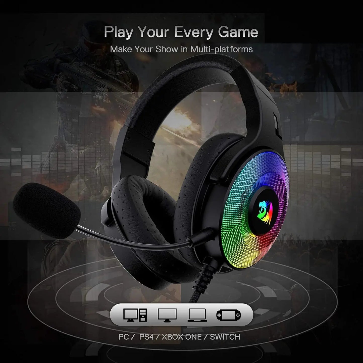 Redragon H350 RGB Wired Dynamic RGB Backlight Dynamic RGB Backlight Gaming Headset 50MM Drivers Over-Ear Headphones