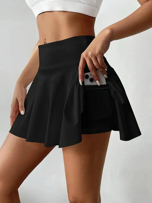 Women's Solid Color High Waist Pleated Skirts Inner Pocket Quick Dry Sports Shorts Running Fitness Mini Skirts