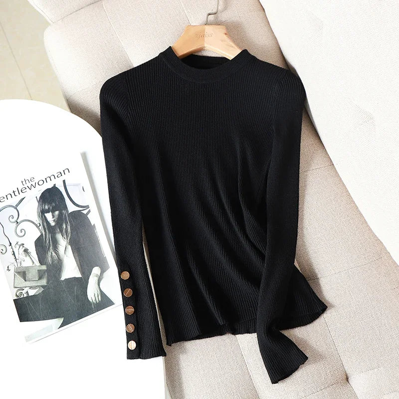 2025 Casual Women Sweater Pullovers Button Long Sleeve O-neck Chic Sweater Female Slim Knitted Soft Jumper Tops
