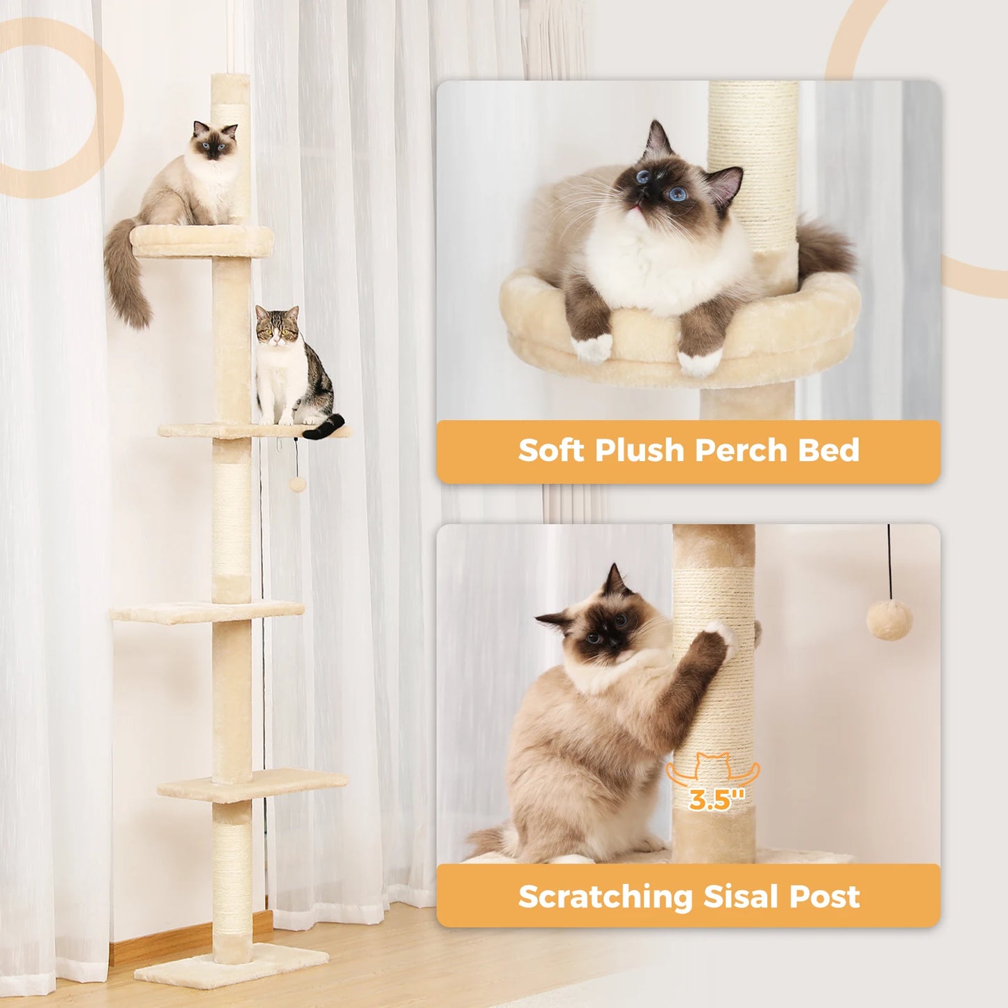 Adjustable Height Cat Tree for Indoor, Floor to Ceiling Cat Tower with Scratching Posts, Cat Scratcher Furniture, Kitten Toys