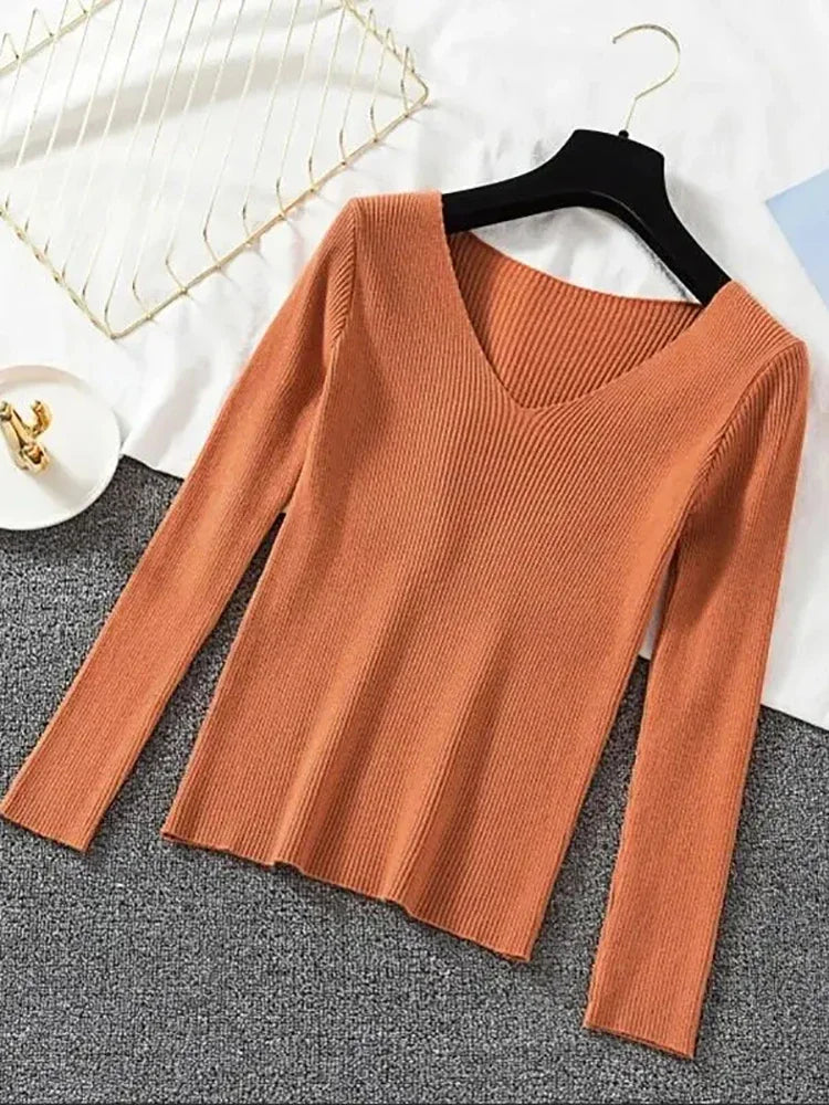2025 Fashion V-neck Elastic Basic Top New Women Sweater Long Sleeve Pullover Female Winter Solid Knitted Jumper
