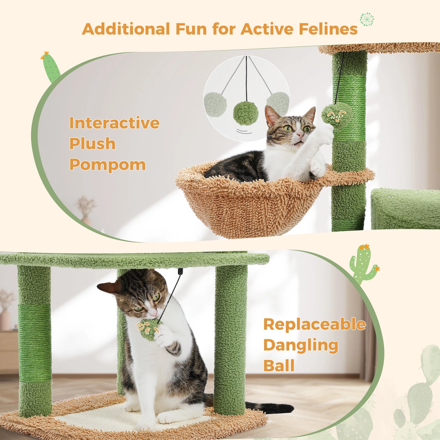 Cactus Cat Tree for Indoor, Cat Tower with Large Cat Condo, Sisal Scratching Posts& Pad, Cozy Hammock, Top Perch, Cat Furniture