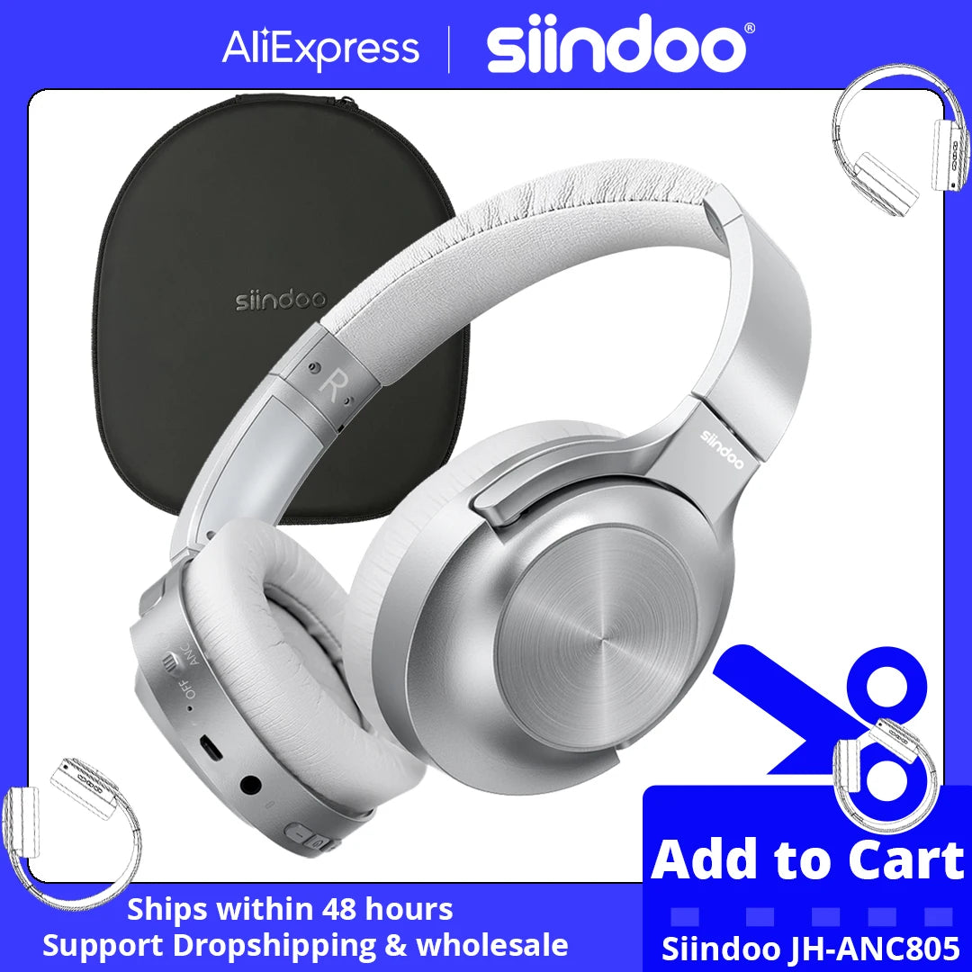 Siindoo JH-ANC805B Active Noise Cancelling Wireless Headphones Over Ear with Mic BT 5.3 HiFi Stereo Headset Deep Bass for PC TV