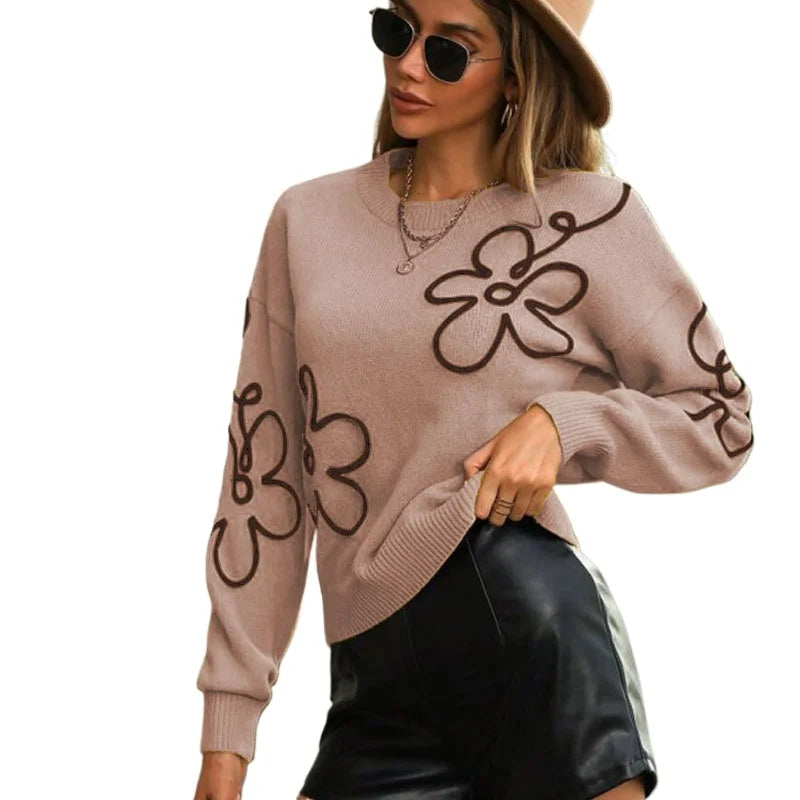 r New Fashion Woman Sweater Floral 3D Embroidered Round Neck Pullover Long Sleeve Knit Top Women's Clothing